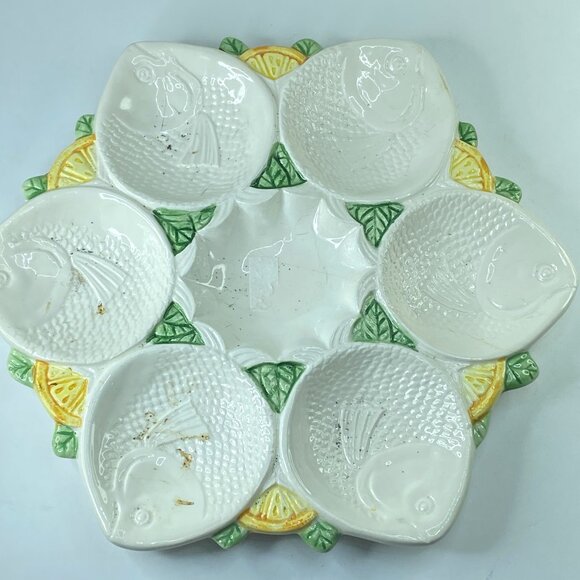 The Haldon Group Ceramic Majolica Shell Plates White Fish six wells 10" A392 - Picture 1 of 6